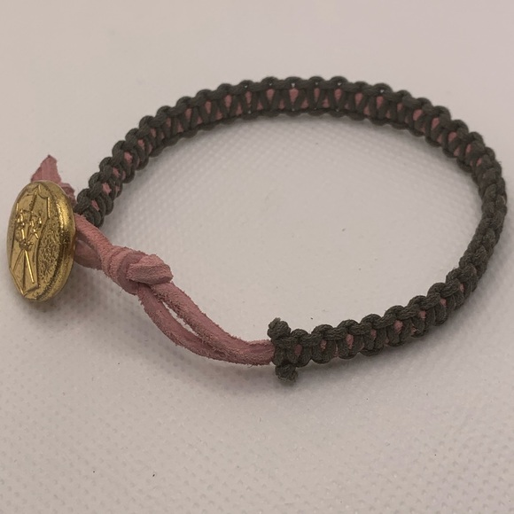 Handmade Macrame Bracelet Pink & Brown with Gold Military Button - Picture 3 of 8